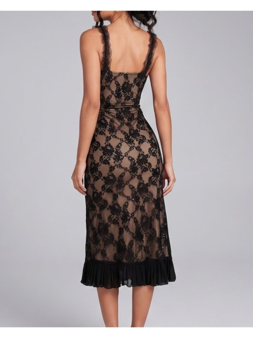 Lace Overlay Midi Dress with Ruffle Hem and Scalloped Trim Black - Picture 4 of 5